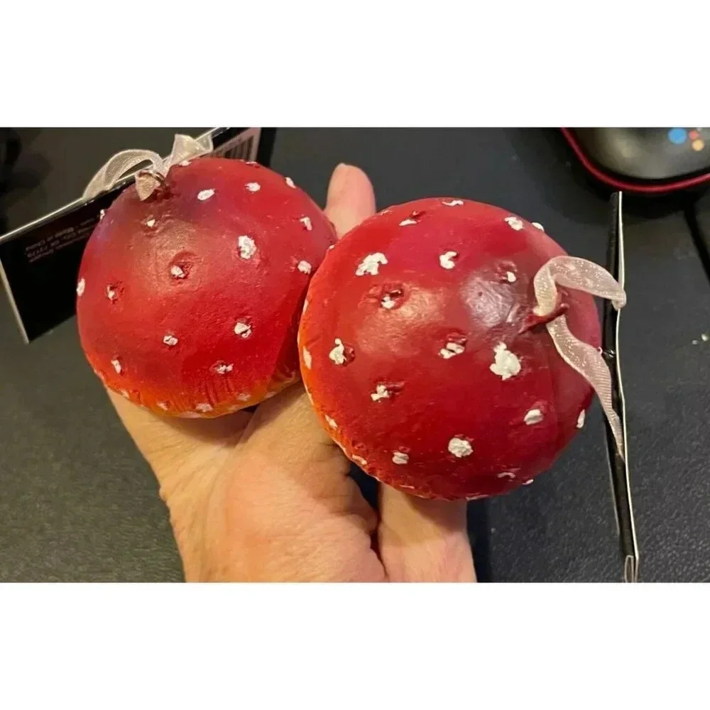 Red White Gnome Dome‎ Toadstool Mushroom Christmas Ornaments Set Of 2 NEW #2